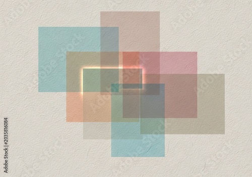Abstract composition featuring overlapping translucent rectangles in soft tones spread across a coarse, fibrous handmade paper backdrop, shapes, elegant, ivory