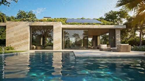 Eco luxury architecture with solar panel, natural stone walls, modern house, swimming pool, outdoor furniture, lush greenery