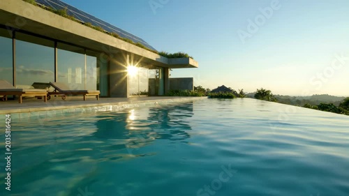 Eco luxury architecture modern house with solar panel and infinity pool reflecting sunlight serene natural landscape sunset