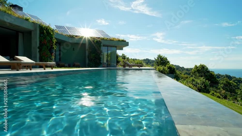 Eco luxury architecture with modern design, solar panel integration, infinity pool, and outdoor luxury surrounded by lush