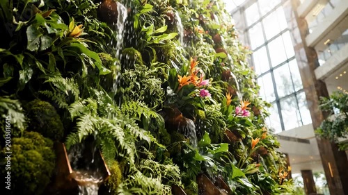 Living green wall with vibrant flowers and water flow eco luxury architecture creating refreshing indoor garden and natural