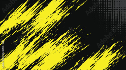 Schilderij op canvas Yellow and black grunge brushstroke background with halftone dot pattern