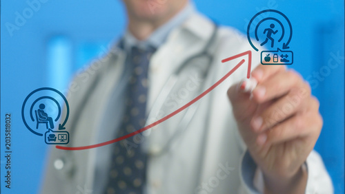 Healthcare professional drawing an infographic illustrating the positive progression from a sedentary lifestyle to an active one with exercise and proper nutrition