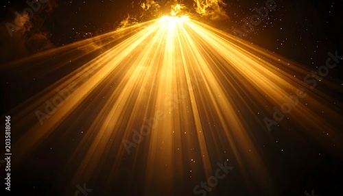 Dramatic golden light rays piercing through dark clouds, creating a mystical and ethereal glow.