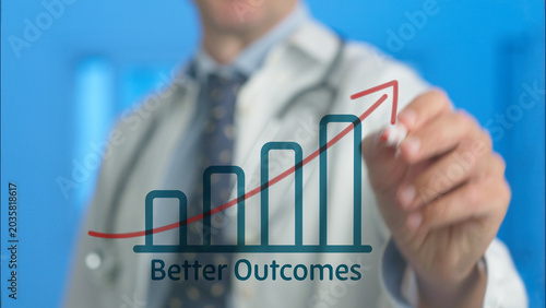 Tableau sur toile Medical professional drawing an ascending bar graph with a rising red arrow and