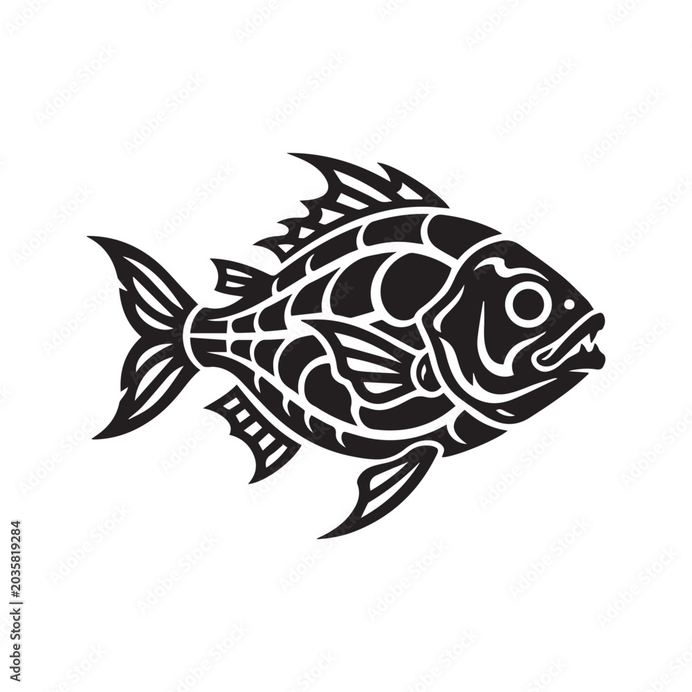 Fototapeta premium Tribal fish tattoo vector silhouette, abstract black and white marine animal illustration 