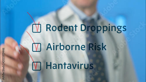 Medical professional marking completed items on a virtual checklist addressing rodent droppings, airborne risk, and hantavirus infection prevention and health awareness