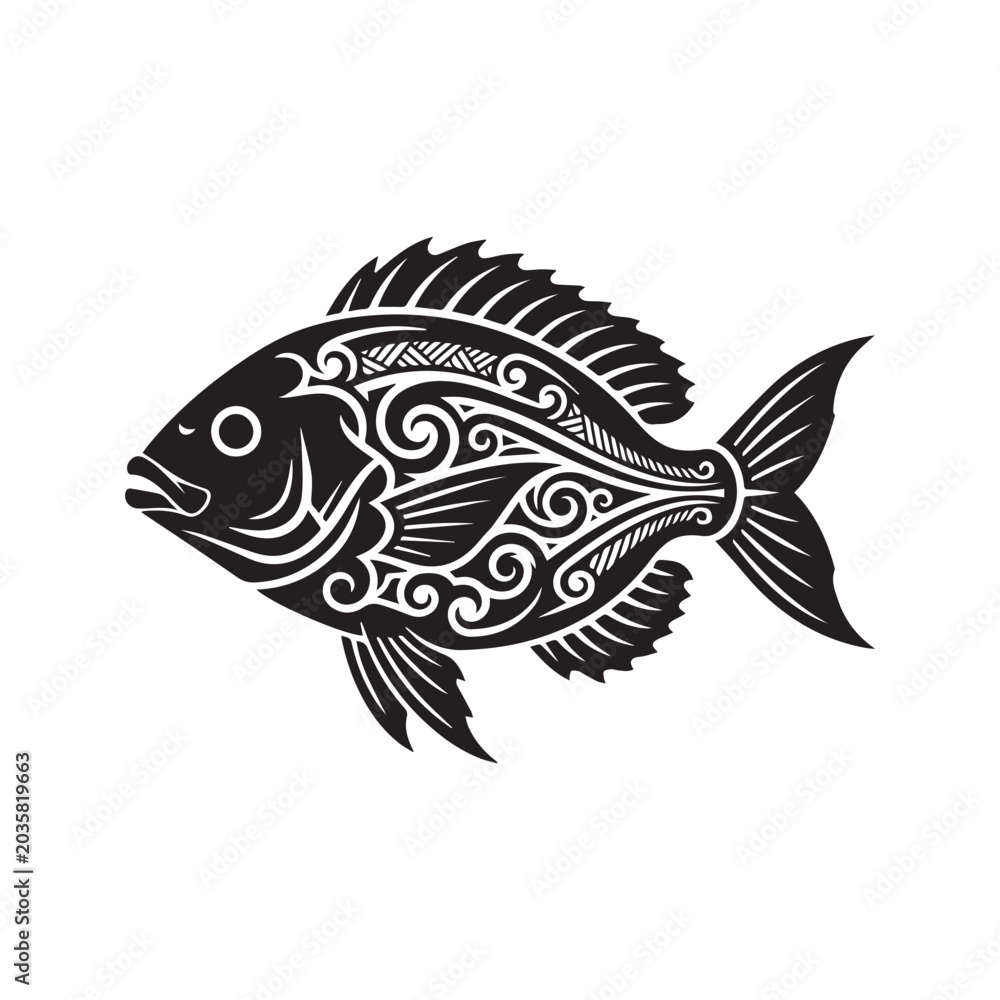 Fototapeta premium Tribal fish tattoo vector silhouette, abstract black and white marine animal illustration 