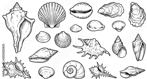 Vintage hand drawn seashell collection with detailed marine engraving style isolated illustration