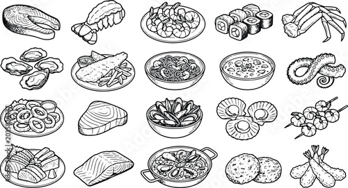 Vintage seafood engraving collection featuring fish shellfish sushi and marine dishes illustration