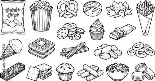 Vintage snack food engraving collection featuring sweet and salty treats isolated illustration