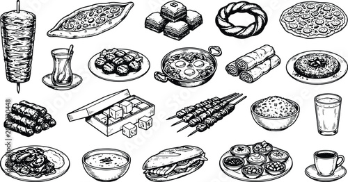 Vintage Turkish food engraving collection featuring traditional meals desserts and drinks illustration
