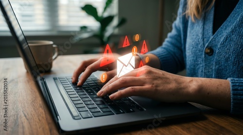 Hands typing on a laptop keyboard, a glowing email icon surrounded by red warning signs hovering above the screen, indicating digital security threats, phishing, or spam email