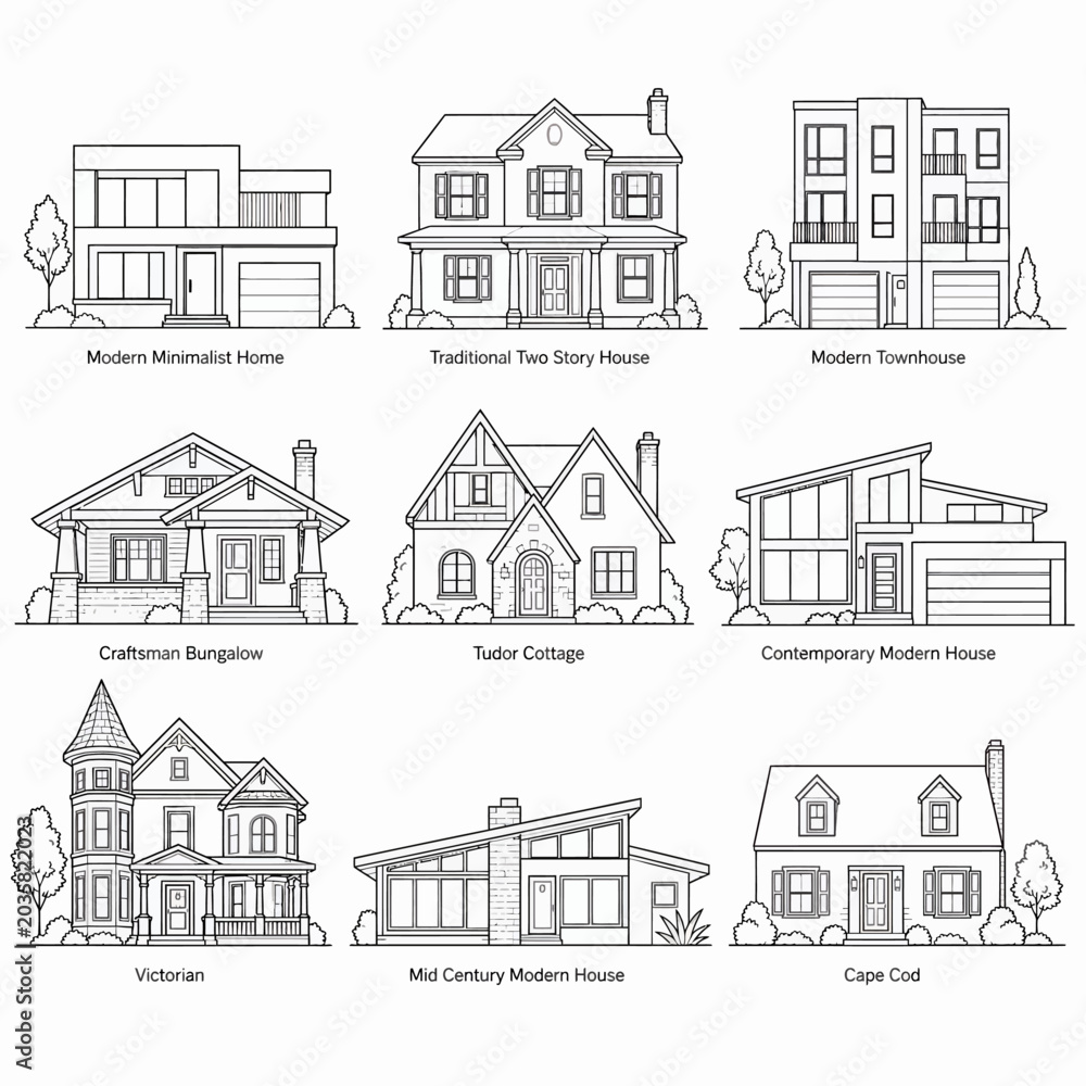 Fototapeta premium Set of various architectural house styles illustrated in a clean line art design.