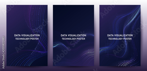 Glowing Digital Data Wave Lines With Data Visualization Futuristic Technology Poster Set