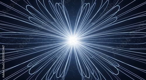 Glowing Abstract Light Trails Radiating From Bright Center in Dark Space Background