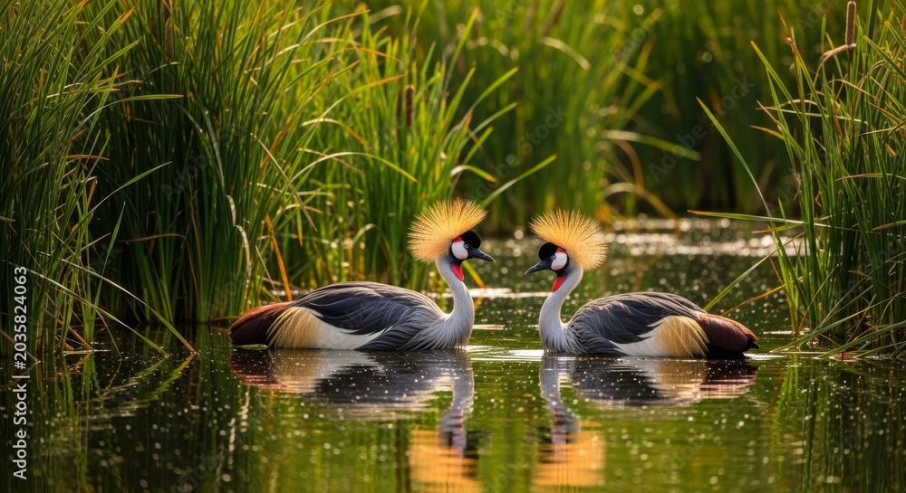 Fototapeta premium Two majestic crowned cranes nest amidst a lush wetland sanctuary, surrounded by tall green reeds and tranquil waters in a wild landscape, grass, avian, ecosystem