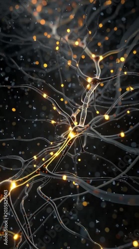 Abstract Brain Neurons Synapse Network with Glowing Golden Light Signals