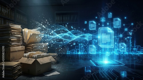 Digital Transformation of Archives: A conceptual image illustrating the transition from physical paper archives to a digitized, data-driven future.