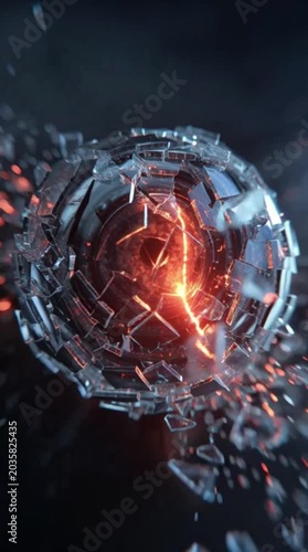 Abstract Shattering Glass Sphere Exploding with Glowing Red Energy Core