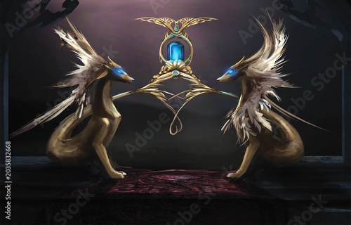 Φωτογραφία Two golden winged dragon creatures guarding emerald jewel in fantasy emblem