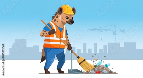 Cartoon hyena in work attire sweeps debris in front of a city skyline with construction crane