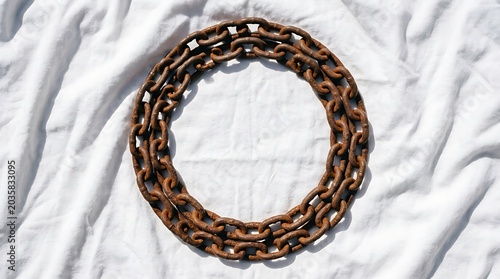 Two rusty chains arranged in a circle on white wrinkled fabric