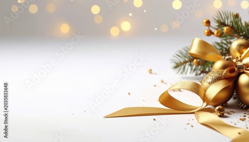 Golden Christmas Ornaments with Ribbon and Pine