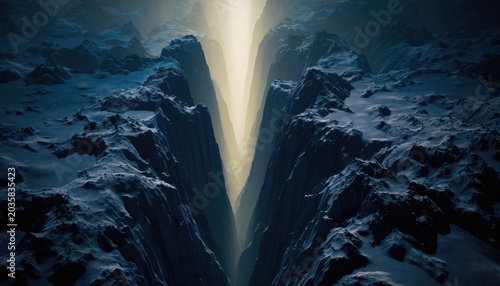 Snow-covered canyon with light at the bottom