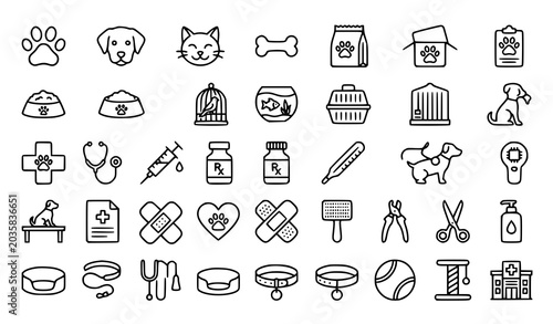 Cuadro en lienzo Pet shop icons vector thin line veterinary animal care set