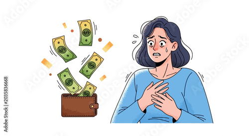 Billede på lærred Worried woman experiences financial stress as money flies from her wallet