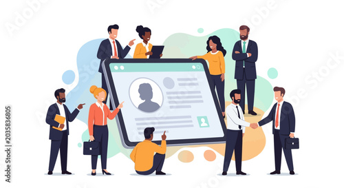 Business team collaborating on digital recruitment and networking platform
