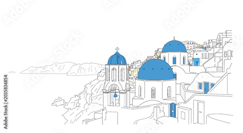 Obraz na płótnie Line art illustration of blue-domed churches in Santorini Greece overlooking the