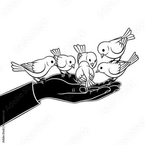 Hand holding several small birds together.