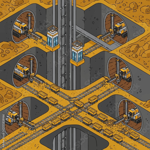 Bilde på lerret A futuristic underground industrial tunnel system with yellow and gray machinery