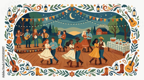 A lively country dance scene under the night sky, with couples dancing on a wooden floor surrounded by musicians and festive decorations