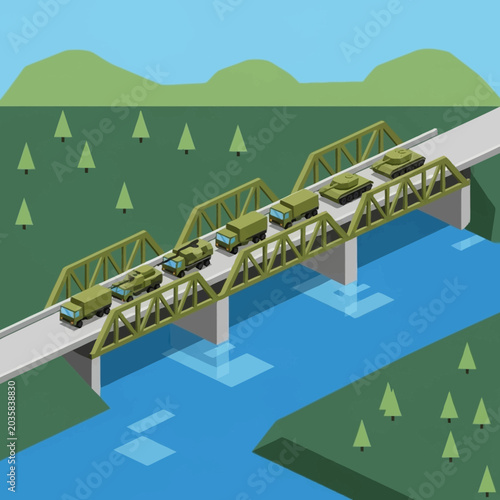 Foto Military vehicles crossing a bridge over a river in a natural landscape