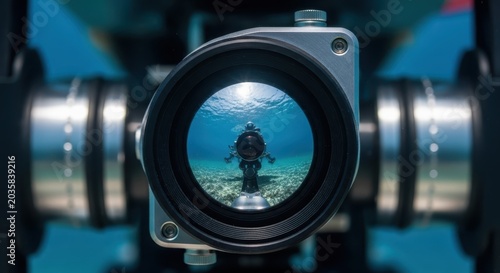 Vintage Diver Encased in Underwater Camera Lens Exploring Coral Reef