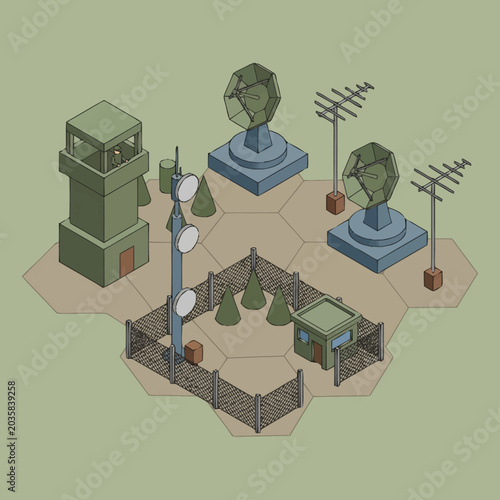 Bilde på lerret Military base with watchtower and radar.