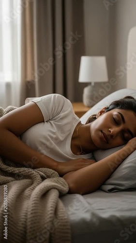 Young Indian Woman Sleeping Peacefully in Bed at Home, Comfortable Restful Sleep Concept, Serene Morning Nap in Cozy Bedroom Environment, Healthy Lifestyle and Wellness Imagery