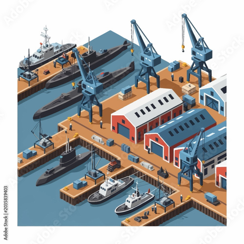 Принти на полотні Isometric illustration of a bustling harbor with cranes and boats docked