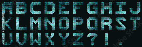 Digital LED Dot Matrix Alphabet Font Set Glowing Cyan Letters on Black Background for Electronic Display Design