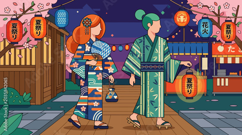 Konstfotografi Flat Vector Illustration of a Couple Wearing Traditional Yukata at a Japanese Su