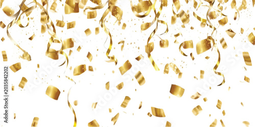 Photos Gold ribbon confetti cascading down on white background with confetti celebratio