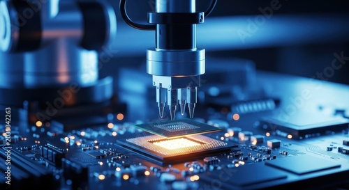 Automated Robotic Arm Precisely Placing a Microchip on a Circuit Board in Advanced Manufacturing Facility