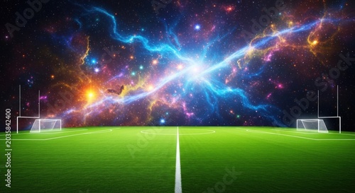 Soccer field with cosmic background lights.