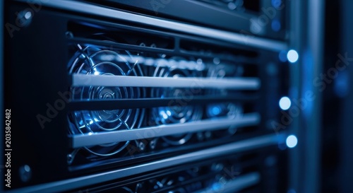 Extreme Close Up of AI Server Hardware Featuring Blue Cooling Fans and Electronic Components