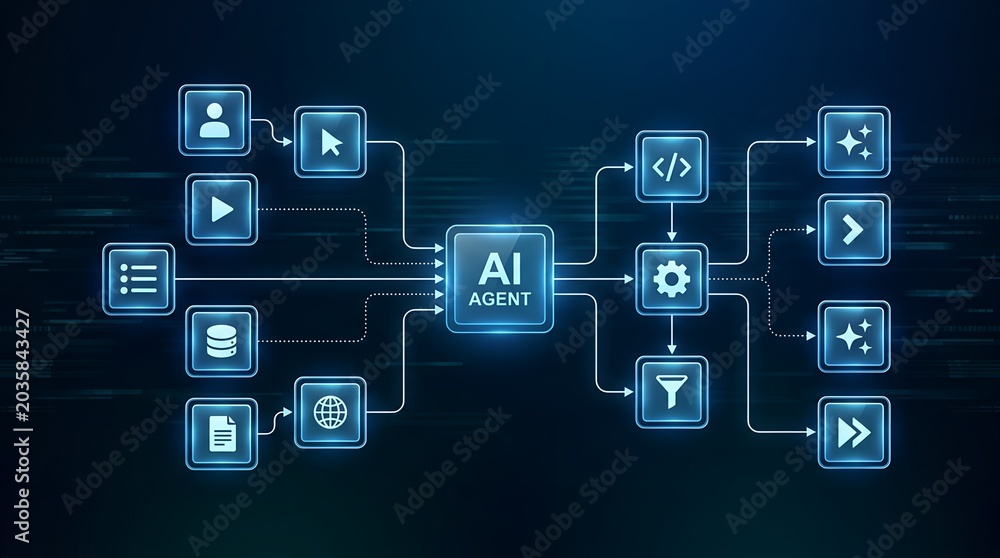 Fototapeta premium AI agent Business Roadmap to 2026 With Workflow Diagram, Strategy Planning, Target Goals and Digital Transformation Concept