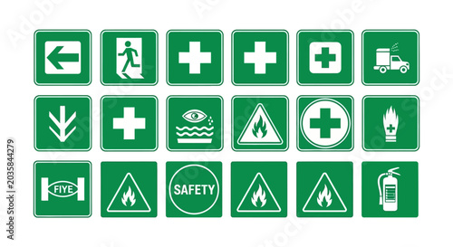 Collection of green safety and warning signs.