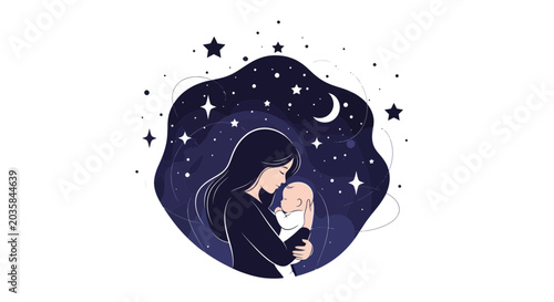 Mother Holding Baby Under Starry Night Sky, Love and Family Concept